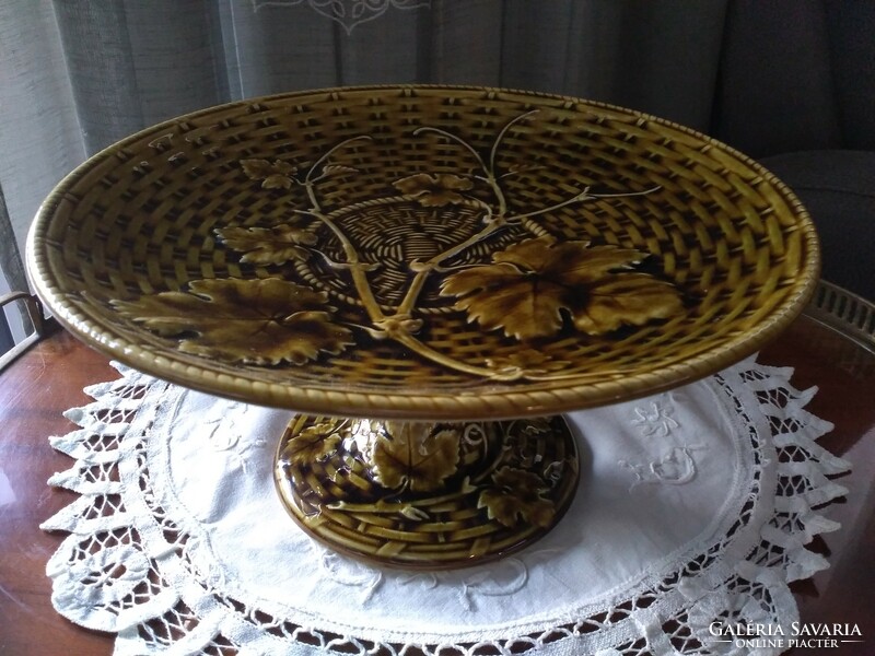 Antique Sarreguemines depose French majolica pedestal bowl with two wall plates from 1875