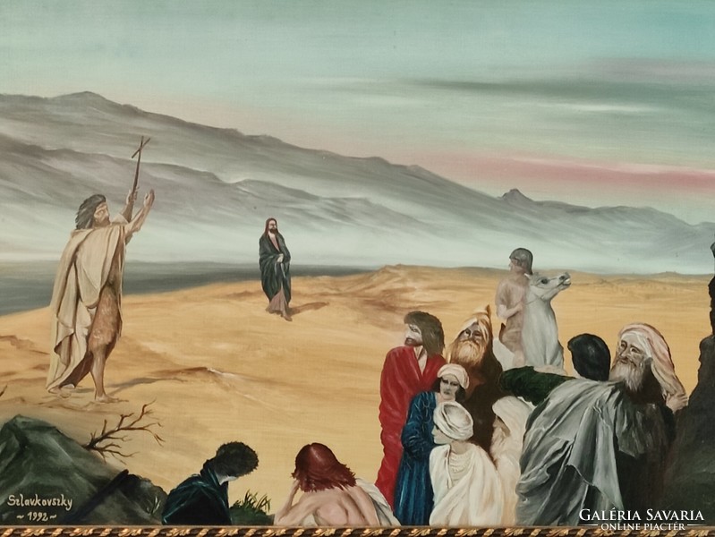 Szlavkovszky bibliai témájú olajképe Jézus a kereszttel  1992.