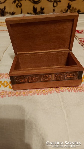 Iparművészeti fa doboz réz betéttel kartyadoboz ékszertartó doboz