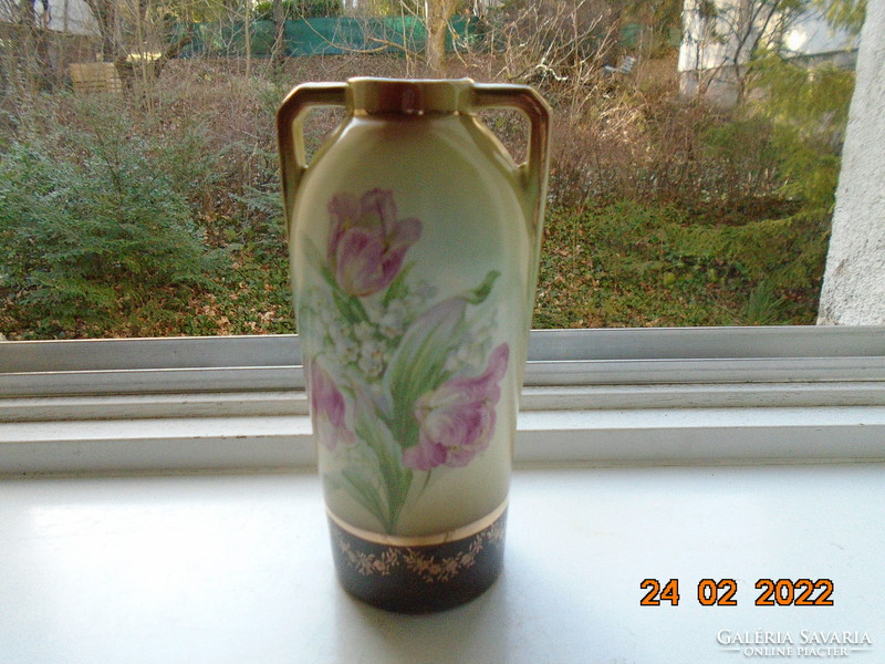 Hand-painted antique vase with tulip and lily-of-the-valley patterns, cobalt-gold flower garland