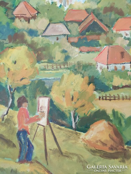 Landscape painter while creating, oil painting with an unusual perspective with a church and green hills, 1980
