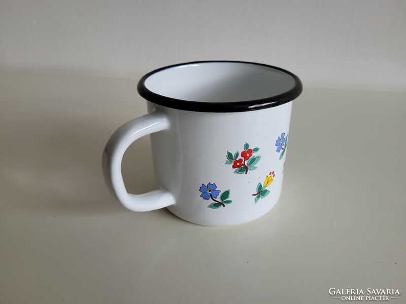 Old retro large 0.6 liter enamel mug enameled flower pattern milk mug