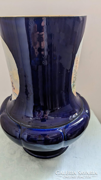 Fisher Ignác porcelán váza, korai , kézi festett, kobaltkék, jelzett