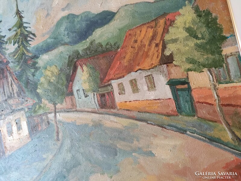 Landscape village street scene oil painting with beautiful warm colors 1980