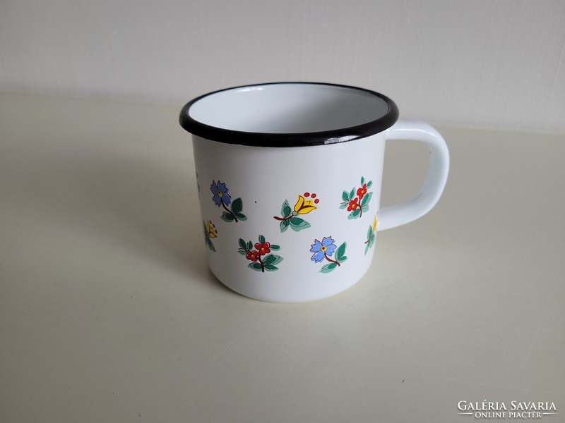 Old retro large 0.6 liter enamel mug enameled flower pattern milk mug