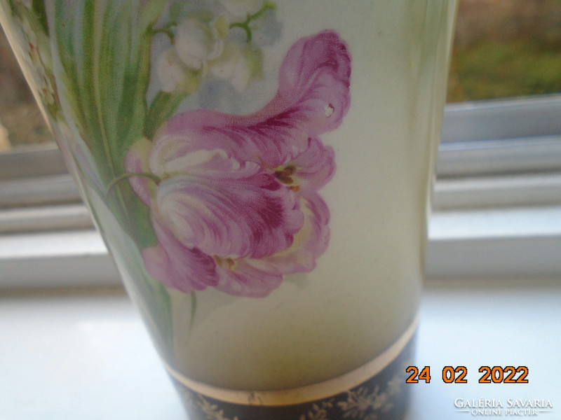 Hand-painted antique vase with tulip and lily-of-the-valley patterns, cobalt-gold flower garland