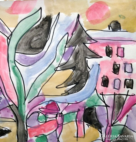 Miklós Csepeli németh: houses among the trees with lovers - watercolor from 2003