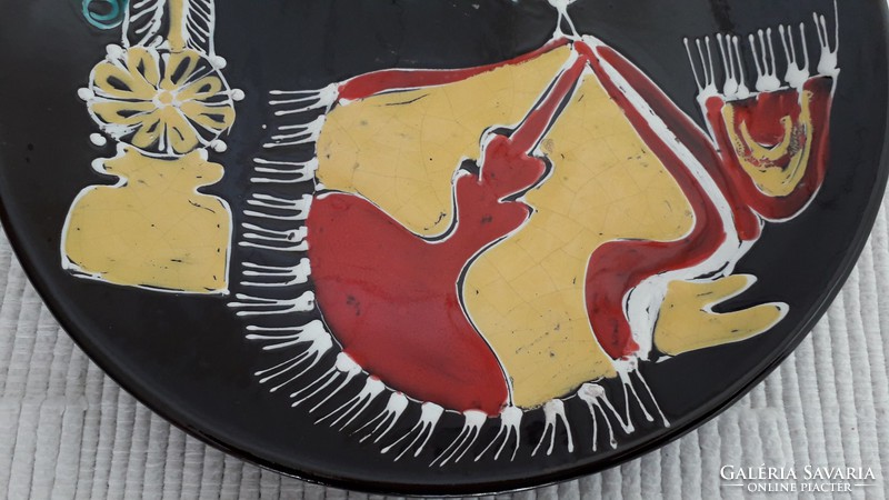 Retro mázas kerámia fali tányér absztrakt mintás régi falidísz 29 cm