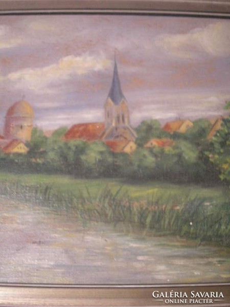 N8 Német festő antik jelzett képe olaj vászon  keretében különleges színhatású 37 x 28 cm