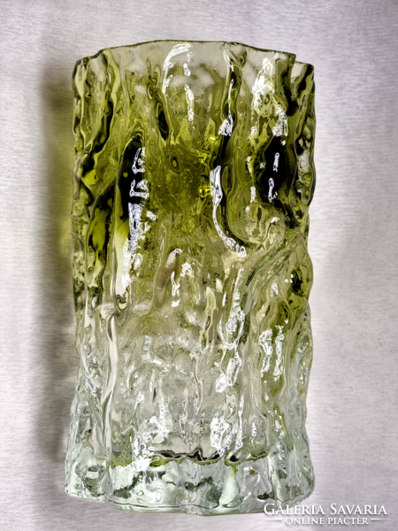 Green cylindrical glass vase with a special design from the 70s, ingrid glas, kurt wokan style