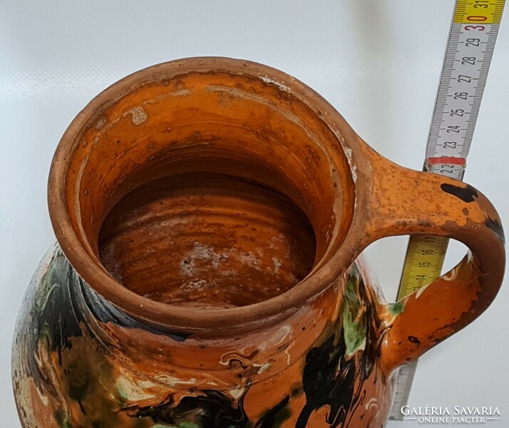 Folk, black, green, white glazed, light brown glazed ceramic milk jug (2543)