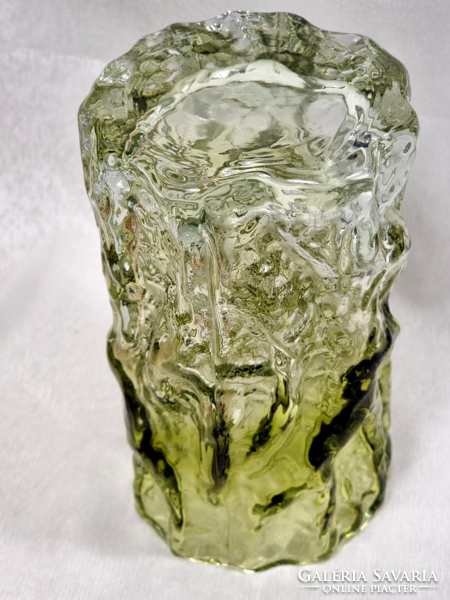 Green cylindrical glass vase with a special design from the 70s, ingrid glas, kurt wokan style