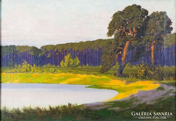 E. Sommler: waterfront landscape oil on canvas landscape, painting - 50843