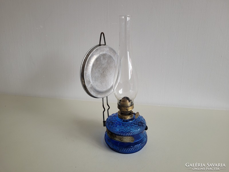 Régi vintage nagy méretű kék üveg petróleum lámpa fali asztali éjjeli lámpa