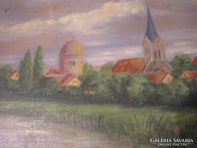 N8 Német festő antik jelzett képe olaj vászon  keretében különleges színhatású 37 x 28 cm