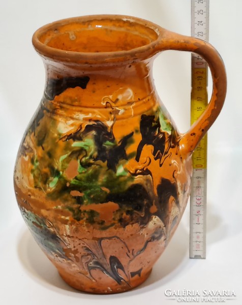 Folk, black, green, white glazed, light brown glazed ceramic milk jug (2543)