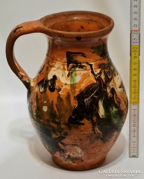 Folk, black, green, white glazed, light brown glazed ceramic milk jug (2543)