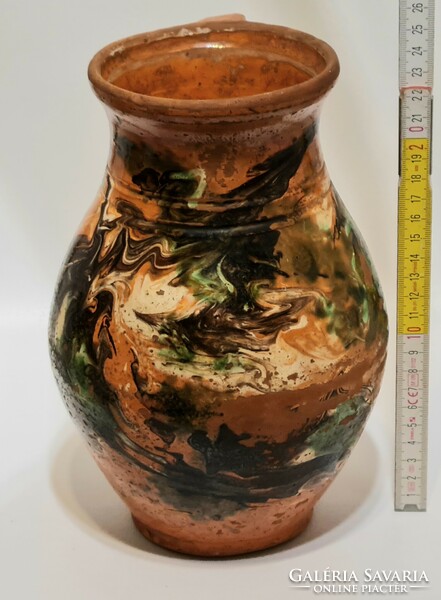 Folk, black, green, white glazed, light brown glazed ceramic milk jug (2543)