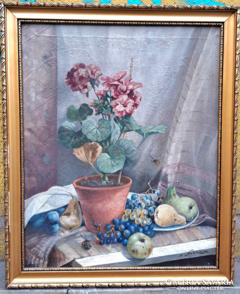 Cozy! Ferenc Dobay (1867-?) still life with geraniums, oil on canvas painting