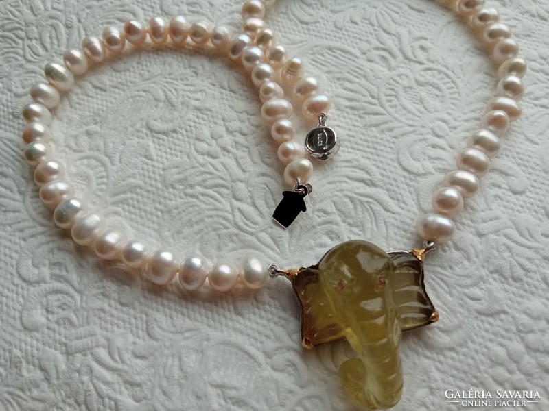 Cultured pearl - citrine 925 silver necklace