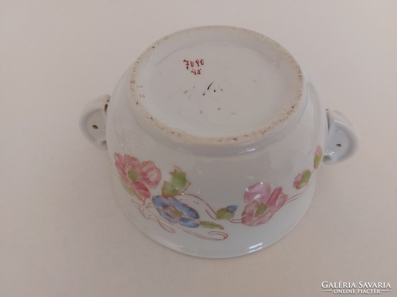 Old porcelain comma antique stoneware floral vintage folk ear bowl with silk