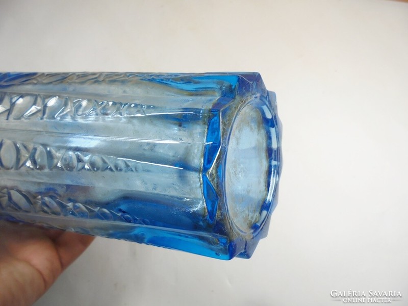 Retro old glass vase with blue convex pattern, 19 cm high