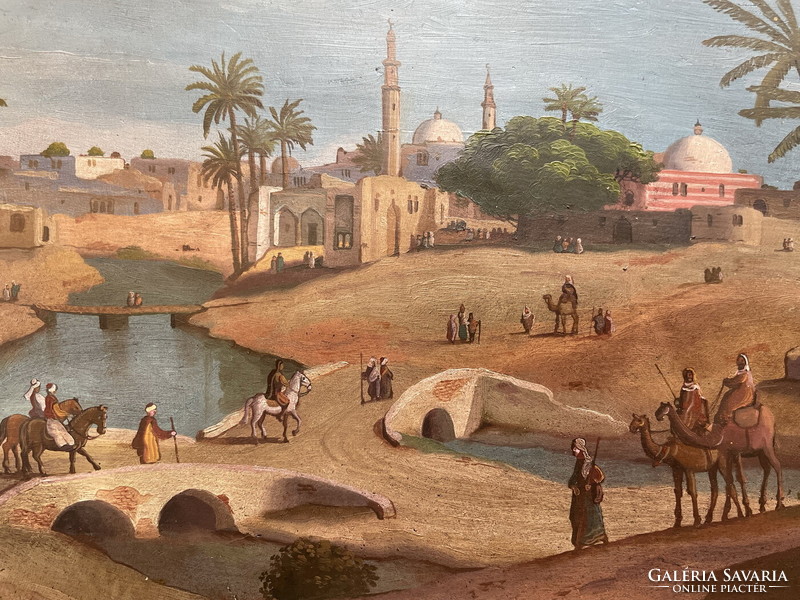E. Lecomte: Arab still life with a river and palm trees