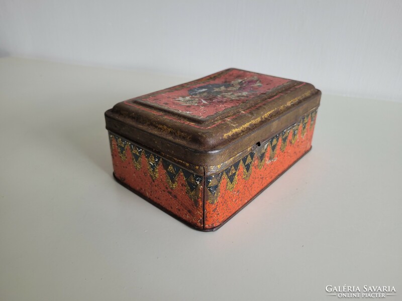 Old metal box with snow flower pattern, vintage Saint Stephen chicory coffee supplement box