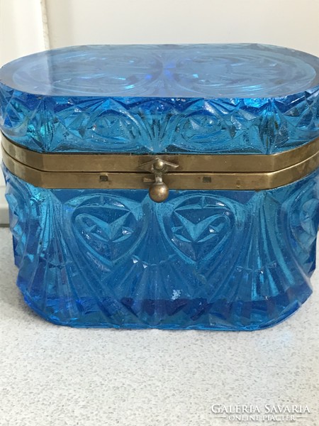 Antik préselt üveg teás doboz enciánkék színben, 13,5 x 9 x 9,5 cm
