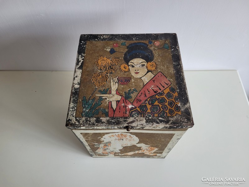 Old oriental motif large tea metal box vintage sheet metal tea box metal box