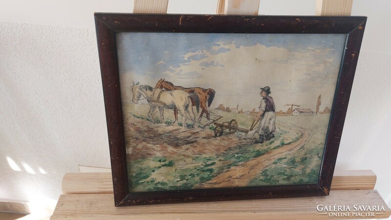 (K) signed plowing peasant with frame 33x28 cm aqua mixed technique