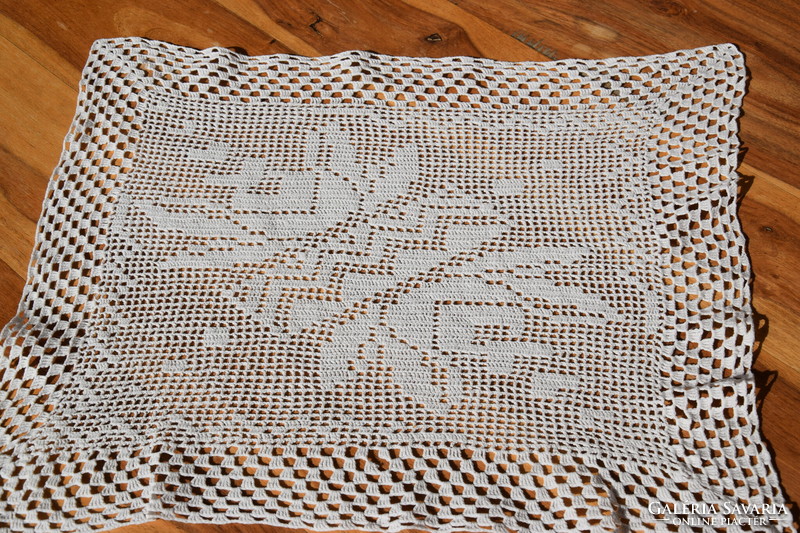 Antique hand crocheted fillet lace small tablecloth needlework showcase lace 44 x 35 cm
