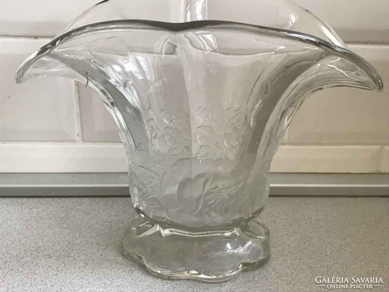 Antique glass vase with an acid-etched rose pattern, 20 cm high