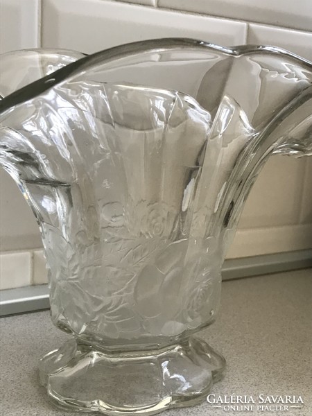 Antique glass vase with an acid-etched rose pattern, 20 cm high