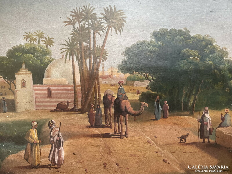 E. Lecomte: oasis with camels and Arabs