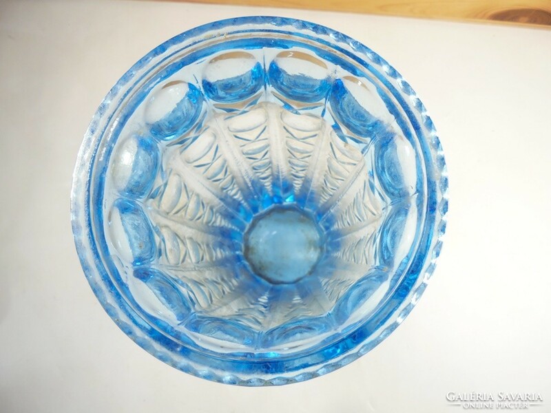 Retro old glass vase with blue convex pattern, 19 cm high