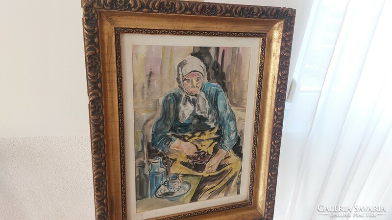 (K) Régi akvarell festmény idős néni 48x61 cm kerettel