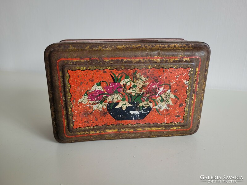 Old metal box with snow flower pattern, vintage Saint Stephen chicory coffee supplement box