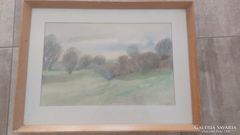 ((K) on old watercolor landscape painting 62x48 cm with frame, signed