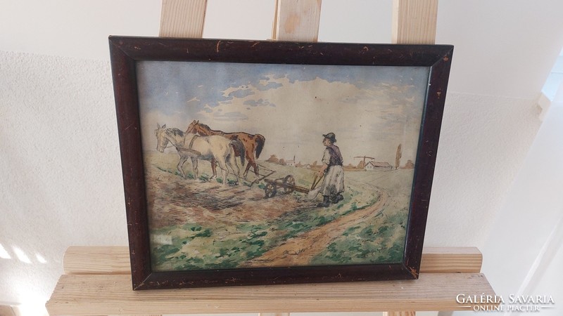 (K) signed plowing peasant with frame 33x28 cm aqua mixed technique