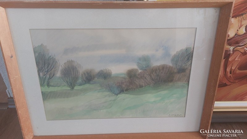 ((K) on old watercolor landscape painting 62x48 cm with frame, signed
