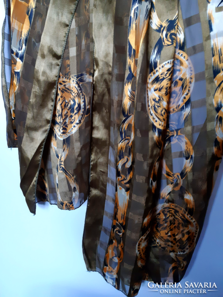 Transparent, silk scarf with gold chain pattern
