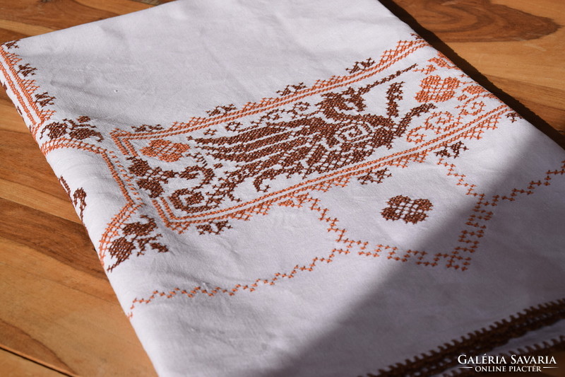 RITKA Antik Régi Népi Len Vászon terítő asztalterítő abrosz Sárkányok kézzel hímzett 150 x 123