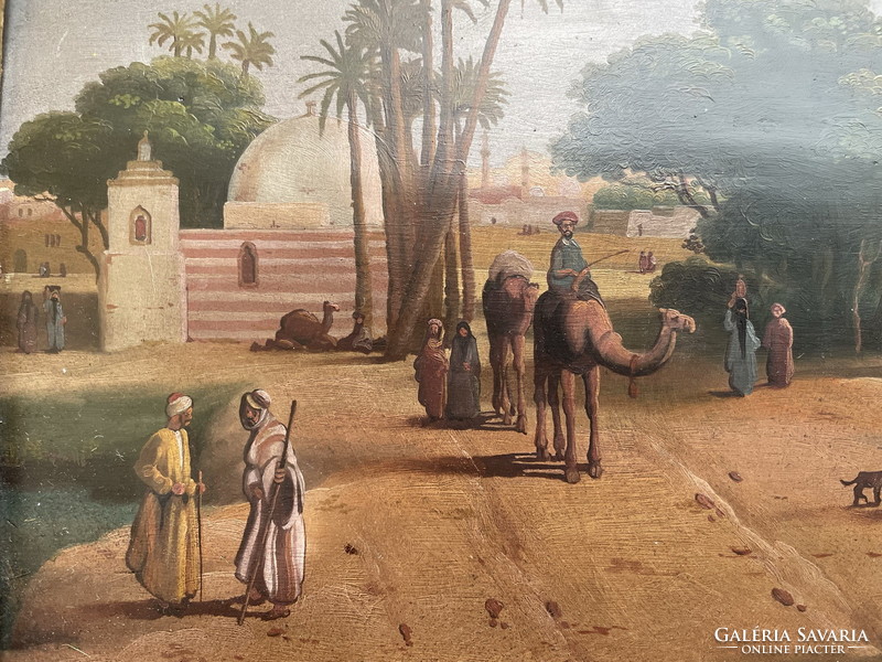 E. Lecomte: oasis with camels and Arabs