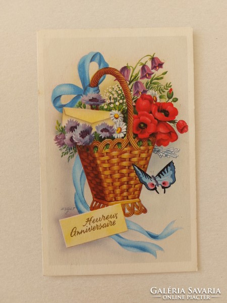 Régi virágos képeslap levelezőlap mezeivirágok pipacs lepke