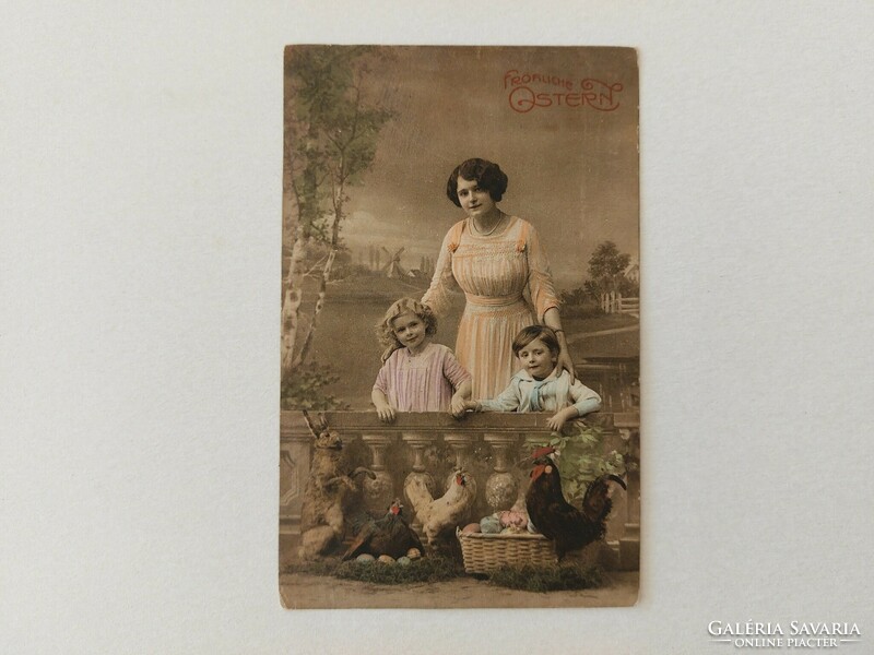Old Easter postcard photo postcard lady children chicken egg