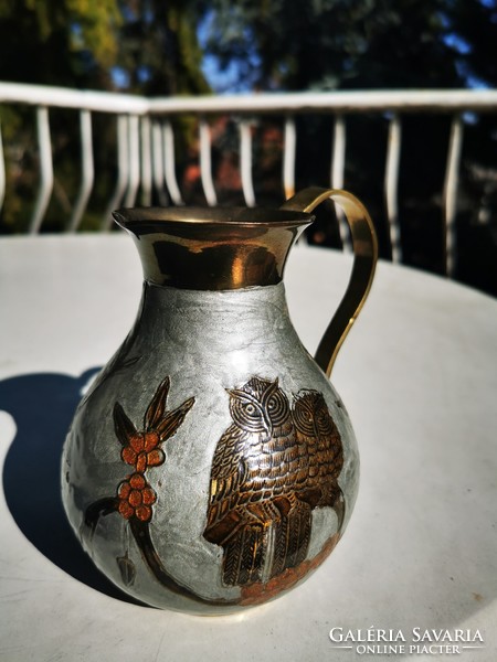 Copper fire enamel pitcher with an owl motif