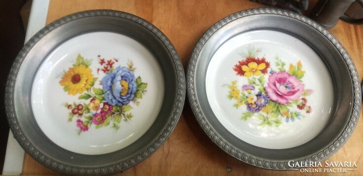A pair of old porcelain inset pewter rimmed plates - schwarzenhammer hand painted
