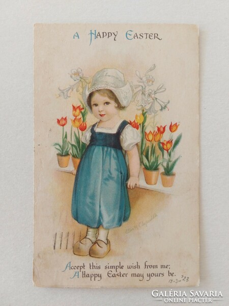 Régi húsvéti képeslap levelezőlap kislány tulipán