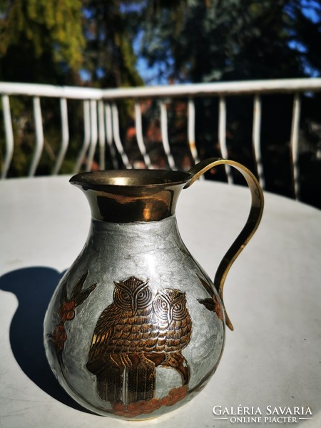 Copper fire enamel pitcher with an owl motif